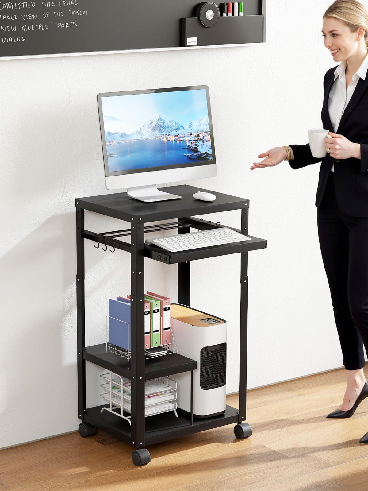Qriocioa AV Presentation Cart with Keyboard Tray Mobile AV Cart Stand Metal Media Cart with Wheels for Projector Height Adjustable Computer Workstation Presentation Cart for School Classroom Office