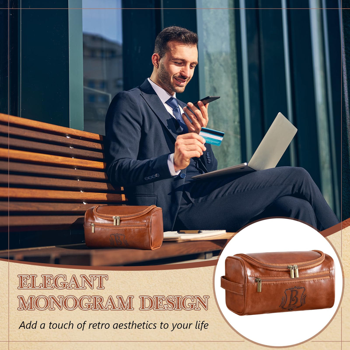 Sadnyy Father's Day Personalized Leather Toiletry Bag for Men Initial Travel Bag with Hook Monogrammed Toiletry Pouch Leather Travel Bathroom Kit with Side Handle for Anniversary Birthday Gifts(B)
