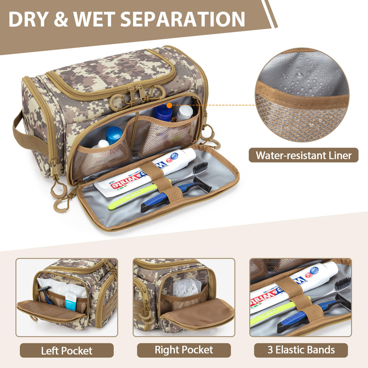 Prokva Tactical Toiletry Bag for Men, Hanging Hygiene Bag, Travel Dopp Kit Organizer for Shaving, Shower Essentials and Toiletries, Desert Yellow (Empty Bag)
