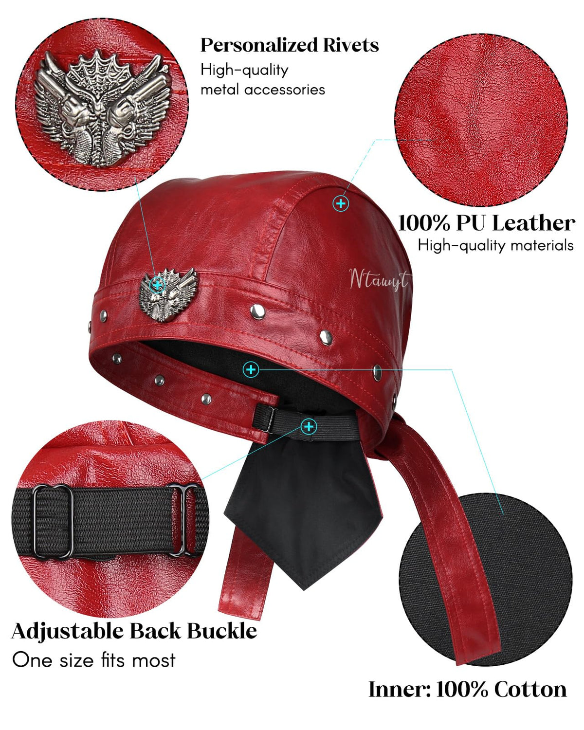 Bright Red Leather Skull Cap Adjustable - Soft Punk Biker Cap for Men Women, Classic Motorcycle Skull Cap Leather Biker Hat