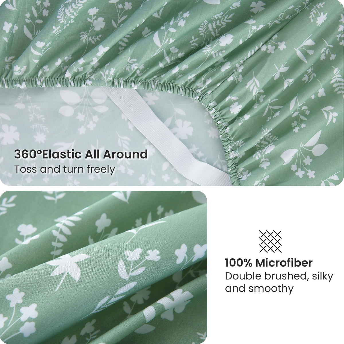 Viviland Sage Green Full Sheet Set - 4 Piece Vintage Green Flower Patterned Bed Sheets - Soft, Breathable Microfiber Floral Sheets with Deep Pocket, Non-Slip Fitted Sheets & Pillowcases