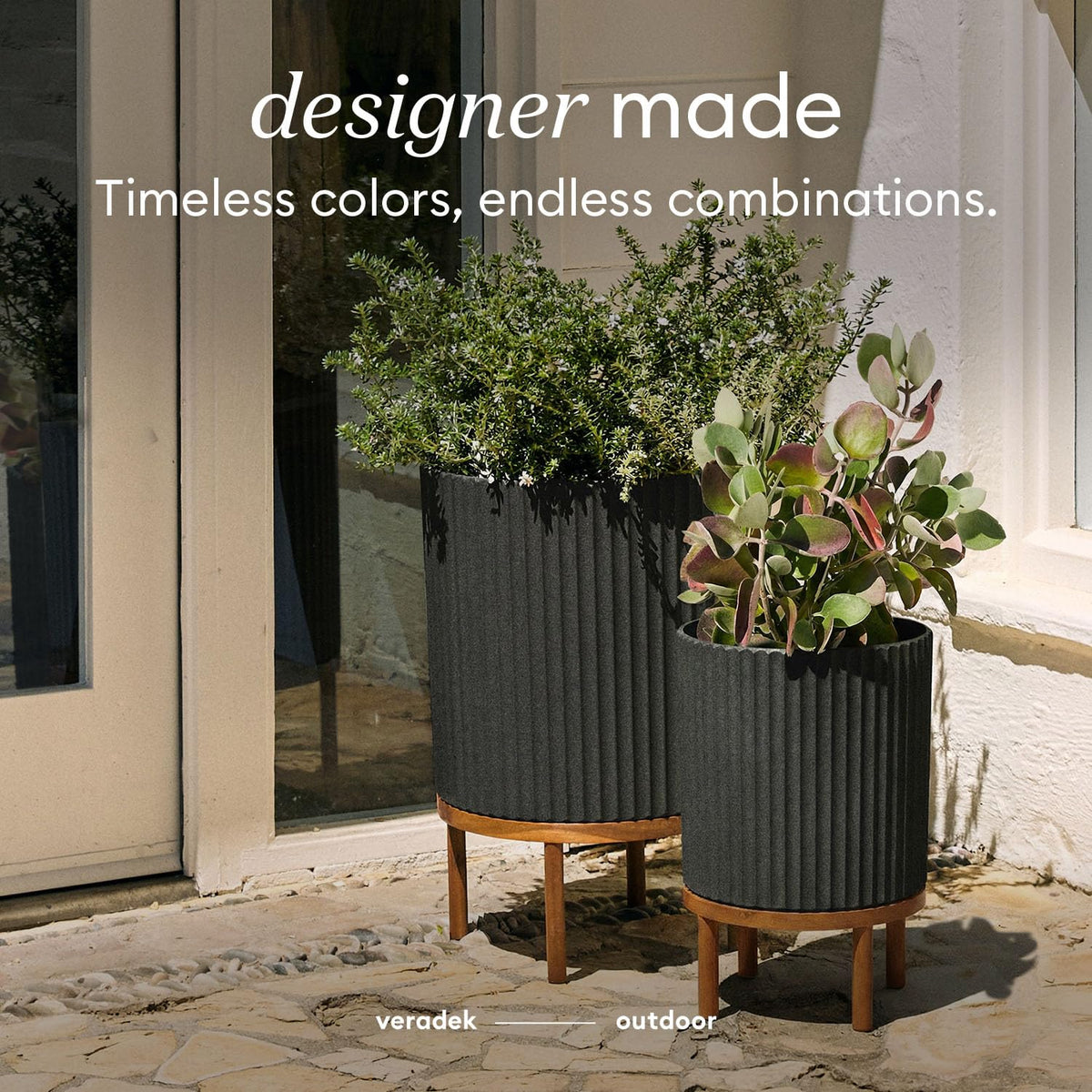 Veradek Demi Series Round Planter w/ Stand for Porch/Patio | Durable Plastic-Concrete & Wooden Stand | Modern Décor for Tall Plants, Flowers