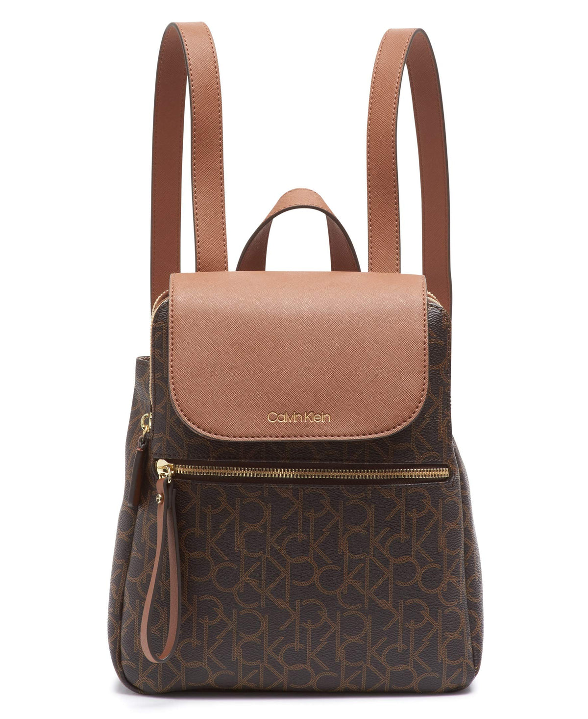 Calvin Klein Women's Elaine Signature Key Item Flap Backpack, Brown/Khaki/Luggage Saffiano, One Size