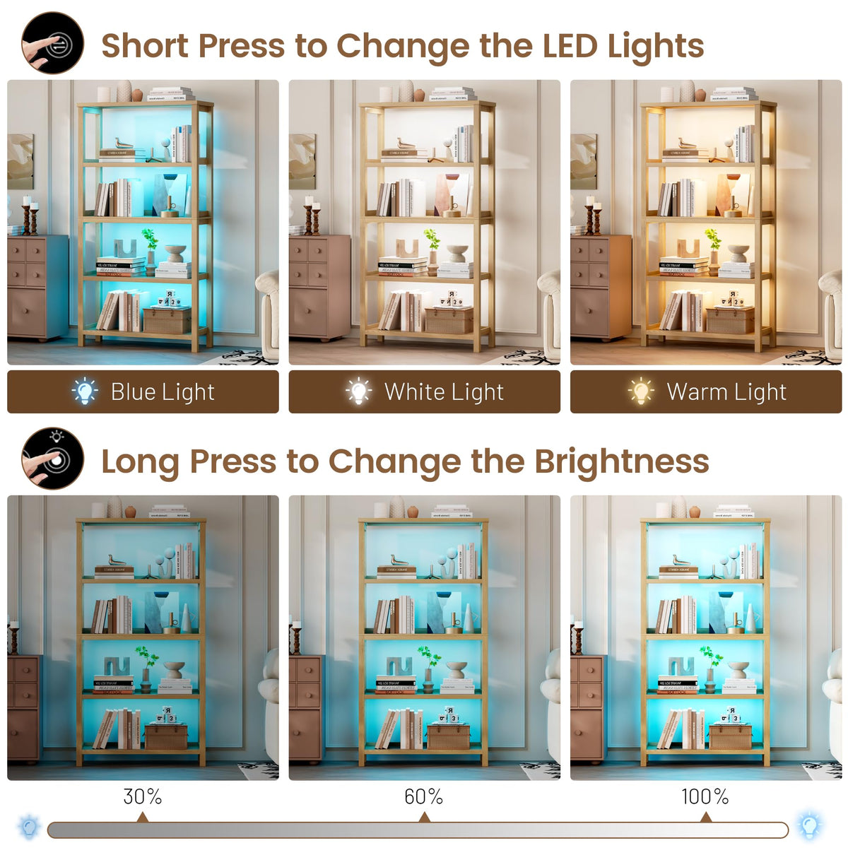 Vlsrka Wooden Bookshelf with Lights, 5 Tier Bookshelf with Storage, Tall Bookcase with Open Shelves, Standing Bookshelves Display Rack for Living Room, Home Office, Brown