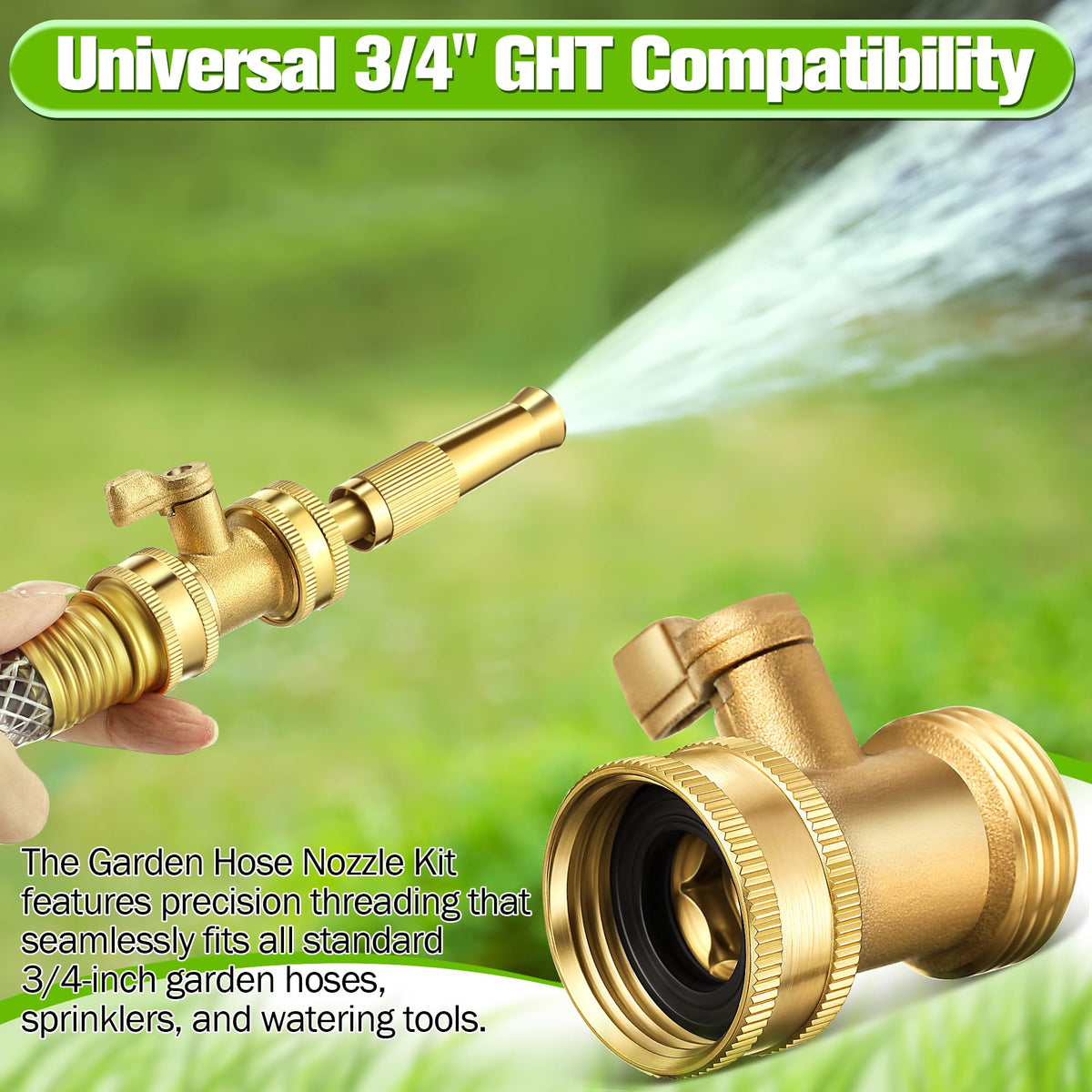 Dunkive 3 Pcs Garden Hose Nozzle Kit, 4" Brass Adjustable Twist Nozzle, Jet High Pressure Water Sprayer, Brass Hose Shut Off Valve with 10 Rubber Washers, 3/4" GHT Connector for Garden Sprinkler