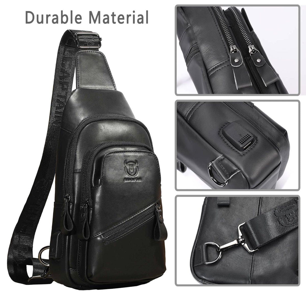 Leather Sling Bag for Men Crossbody Backpack with USB Charging Port Casual Daypack for Hiking Shoulder & Chest Bag Purse (Black)