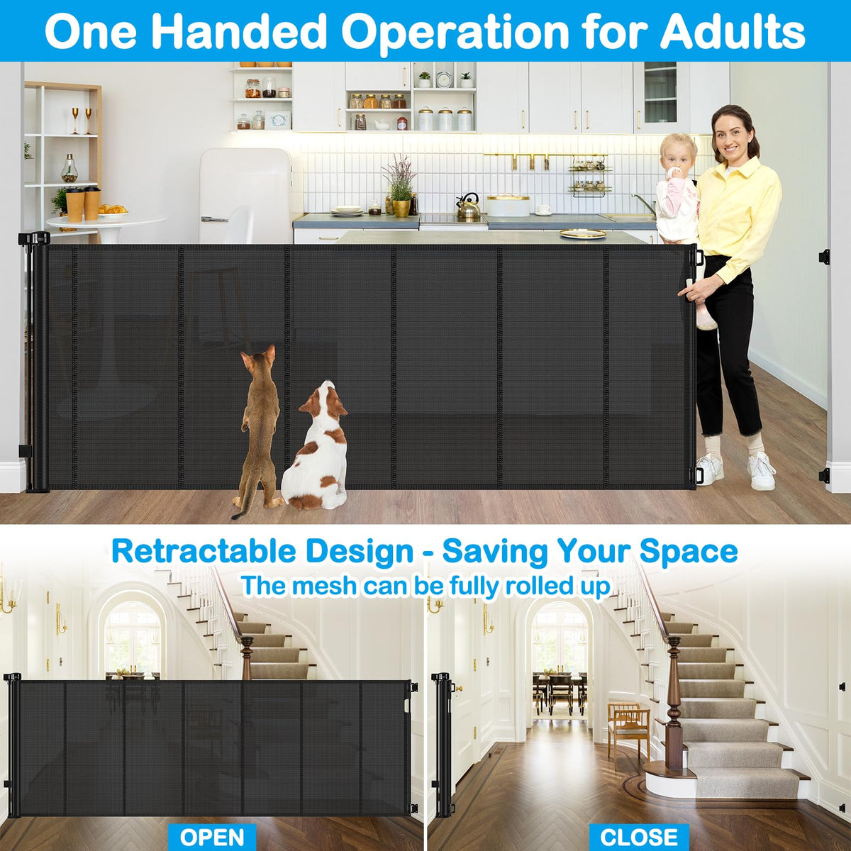 Reinforced 42" Extra Tall Retractable Dog Gate, 200" Extra Wide Baby Gate with Support Rods-Prevent Crawling Through, Outdoor/Indoor Baby Fence/Barrier/Blocker for Home, 16ft Retractable Garage Gate