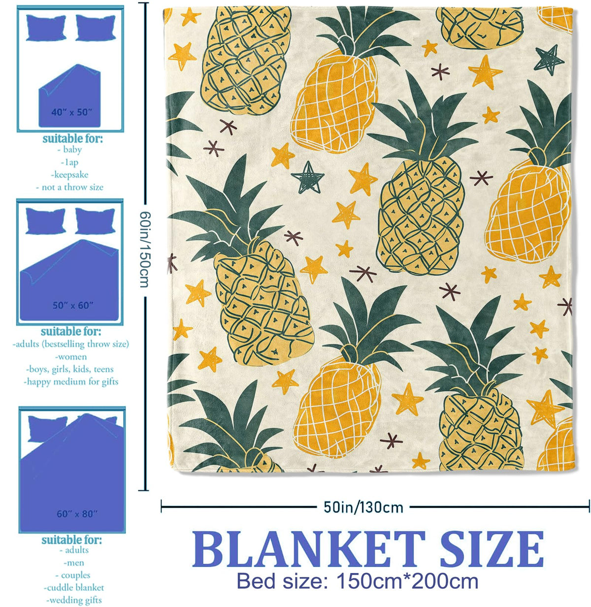 Plistiz Tropical Pineapple Throw Blanket, 50x60 Inch, Summer Beach House Blanket, Flannel Pineapple Pattern Throw