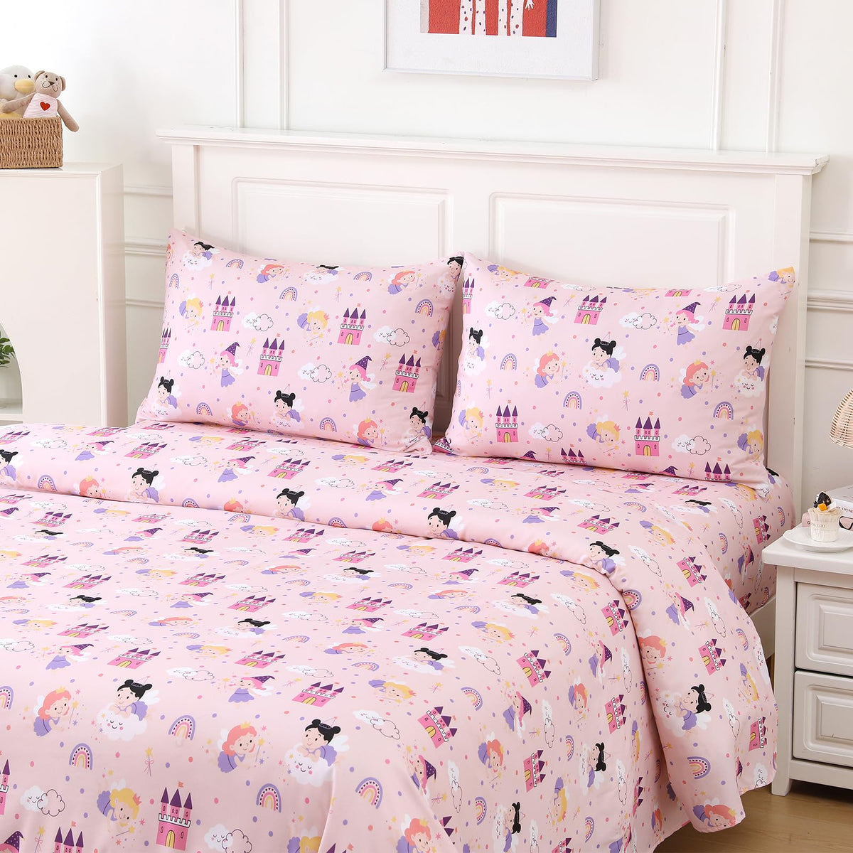 MCO Twin Sheets Set Kids, Soft Microfiber Bed Sheet Set for Boy Girls, 3 Pieces Breathable Twin Sheets Pink Fairy Castle