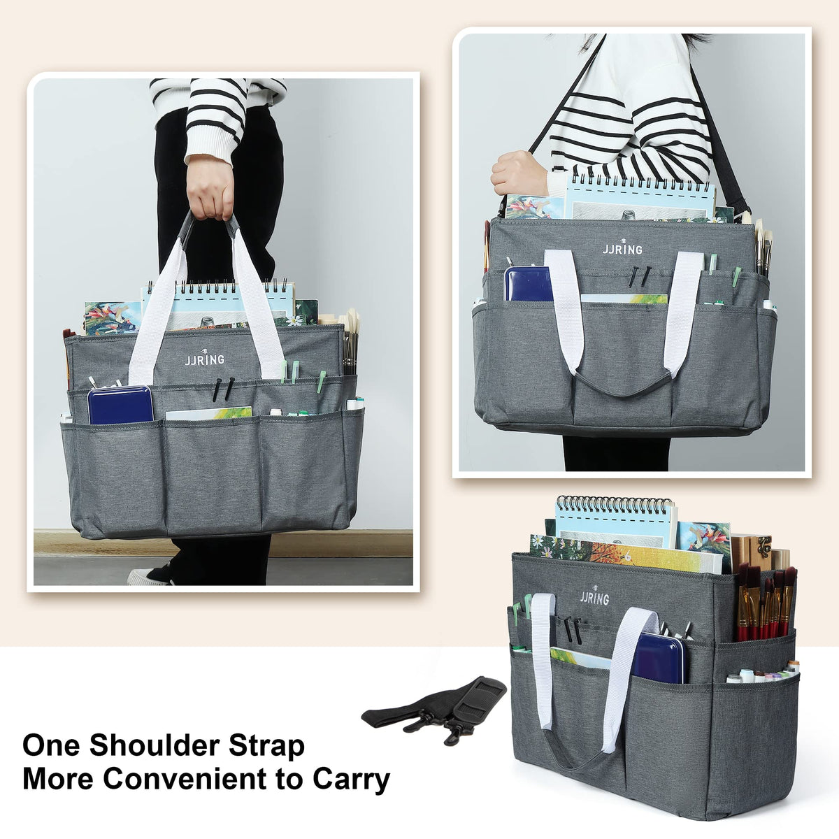 JJRING Craft Organizer Tote Bag, Large Art Storage Caddy with Multiple Pockets, Gray Sewing Bag for Art, Craft, Scrapbooking, School, Medical, and Office Supplies Storage