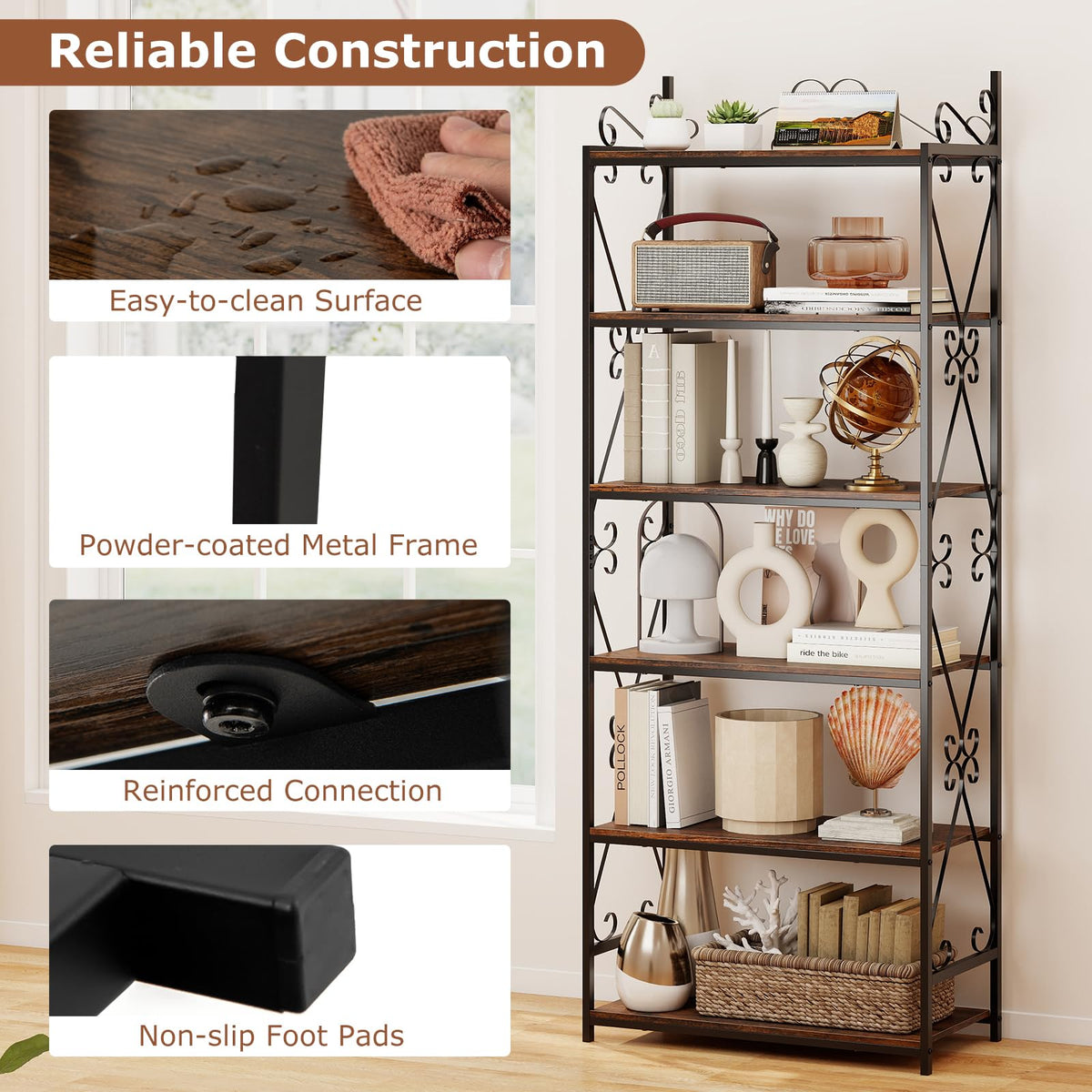 GOFLAME 6-Tier Tall Bookshelf, 71.5” Classic Bookcase with Open Shelves, Metal Frame, Plant Stand, Industrial Display Rack Shelving Unit for Home Office, Living Room, Rustic Brown & Black (2)