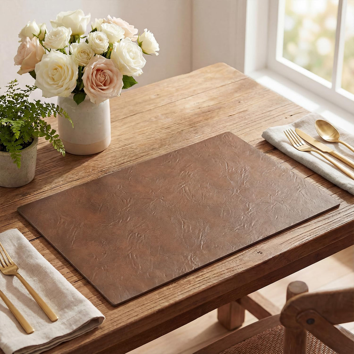 Artoid Mode Brown Faux Leather Placemats Set of 6, 12x18 Inch Waterproof Wipeable Heat Resistant Vinyl Place Mats, Reversible Table Mats for Kitchen Dining Decor