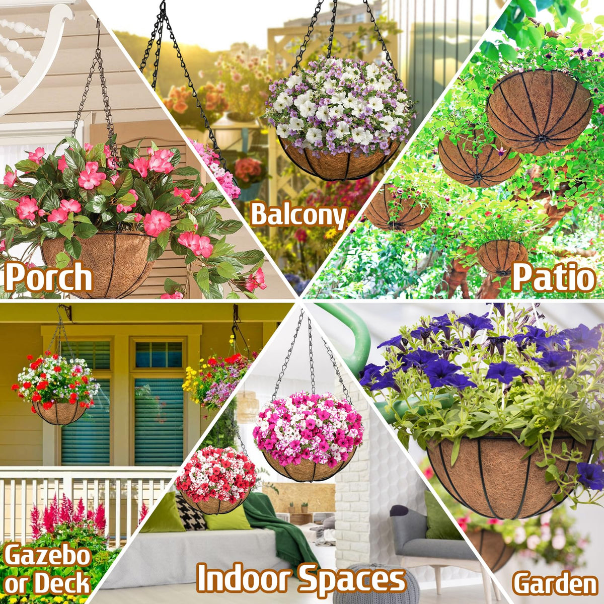 ZeeDix 6 Pack 14 Inch Metal Round Hanging Planter Basket with Coconut Liners Replacement, Hanging planters Baskets with Natural Coco Liner for Outdoor Indoor Planters Flowers Vegetables