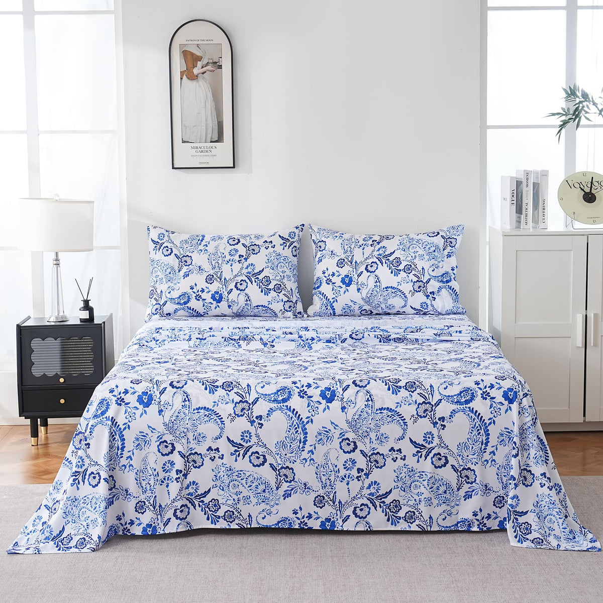 Yibeizi King Size Sheets Set Deep Pocket Blue Floral Bed Sheet Sets, Paisley Printed Soft Microfiber Oeko-Tex Hypoallergenic Sheets & Pillowcases Wrinkle Free Bedsheets