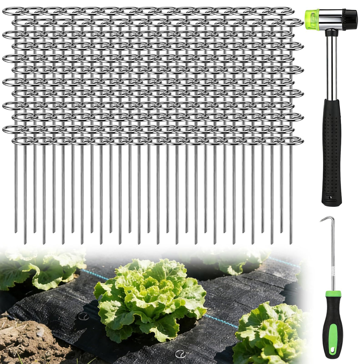 6 Inch Landscape Staples with Hook & Hammer - 200pcs Circle Top Weed Barrier Stakes Kit, 9 Gauge Galvanized Rust-Resistant Garden Fabric Pins, for SOD, Garden Edging, Install & Remove Tools Included