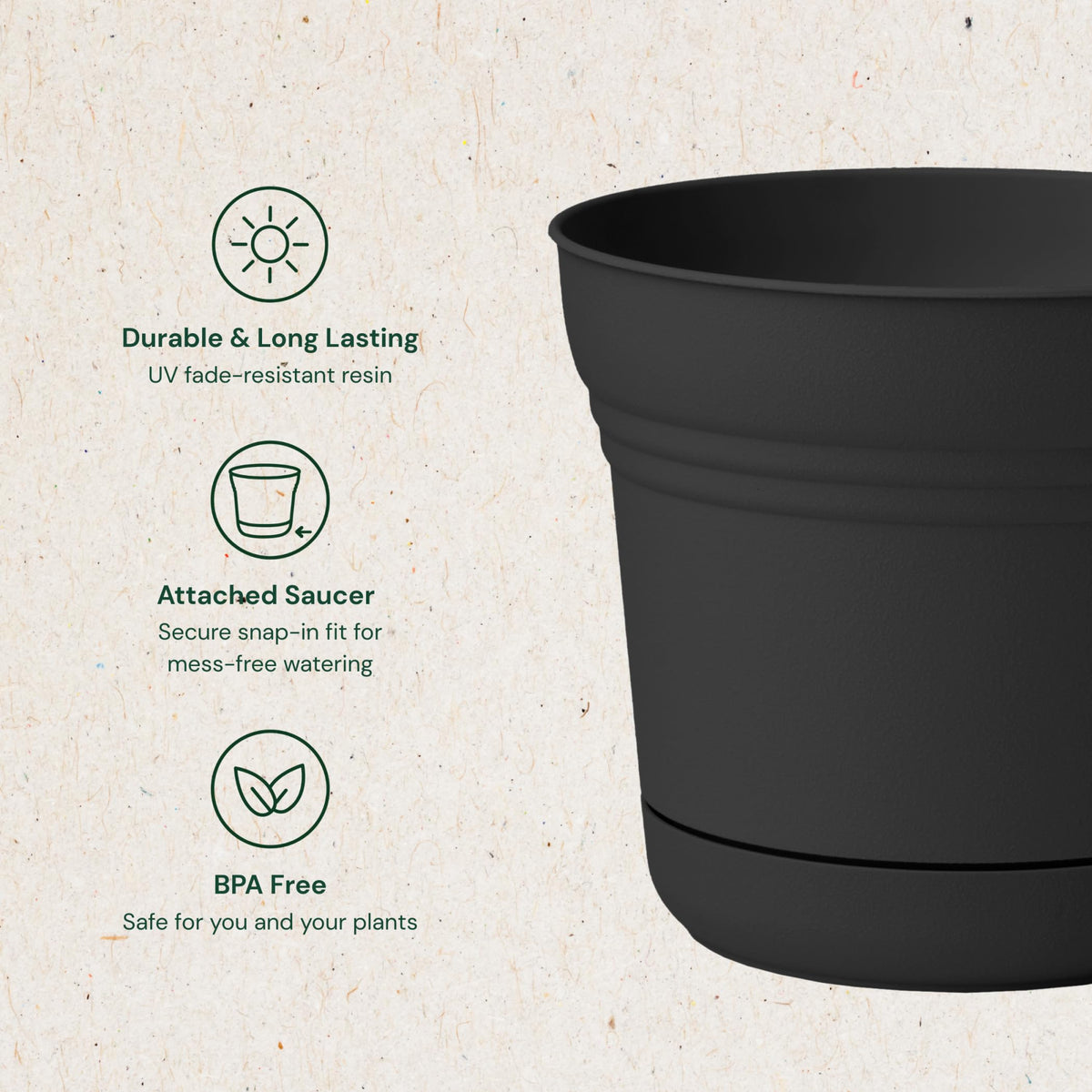 Bloem Saturn 7" Round Plastic Planter - Indoor/Outdoor, Snap-in Saucer & Drainage Holes, Black, 4-Pack