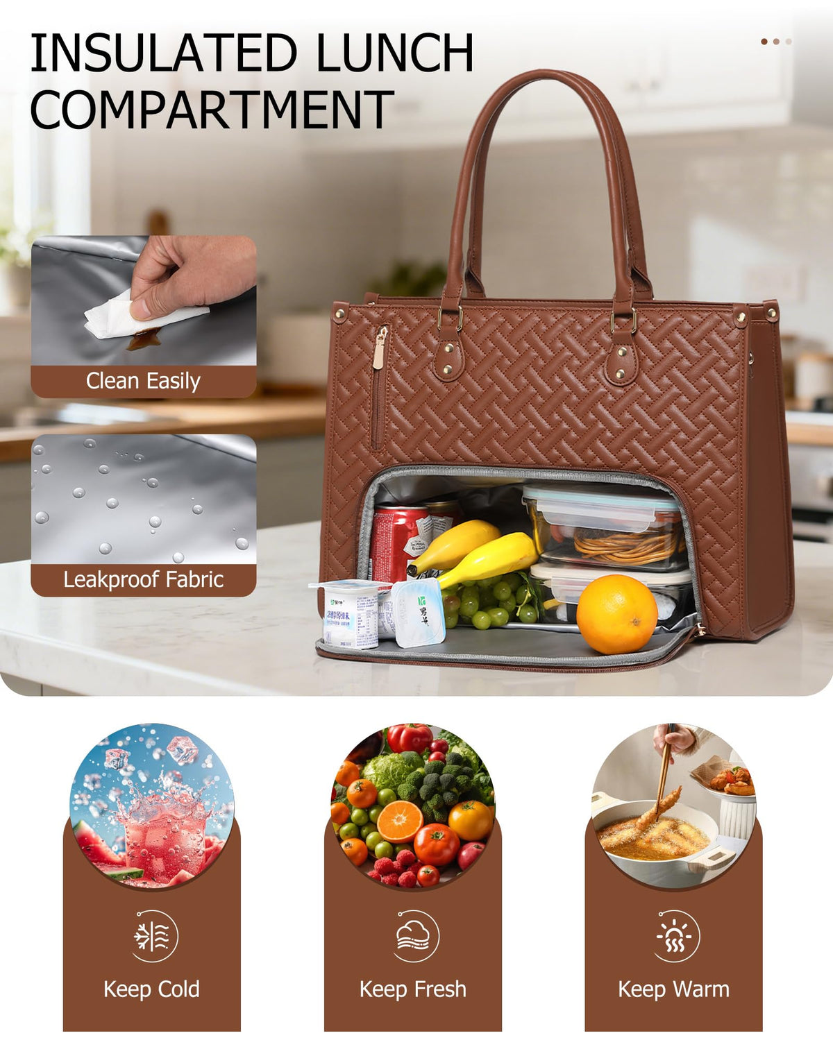 BAVERGE Lunch Tote Bag for Women, Vegan Leather 15.6” Laptop Bag with Insulated Compartment Quilted Purse for Work Teacher Nurse
