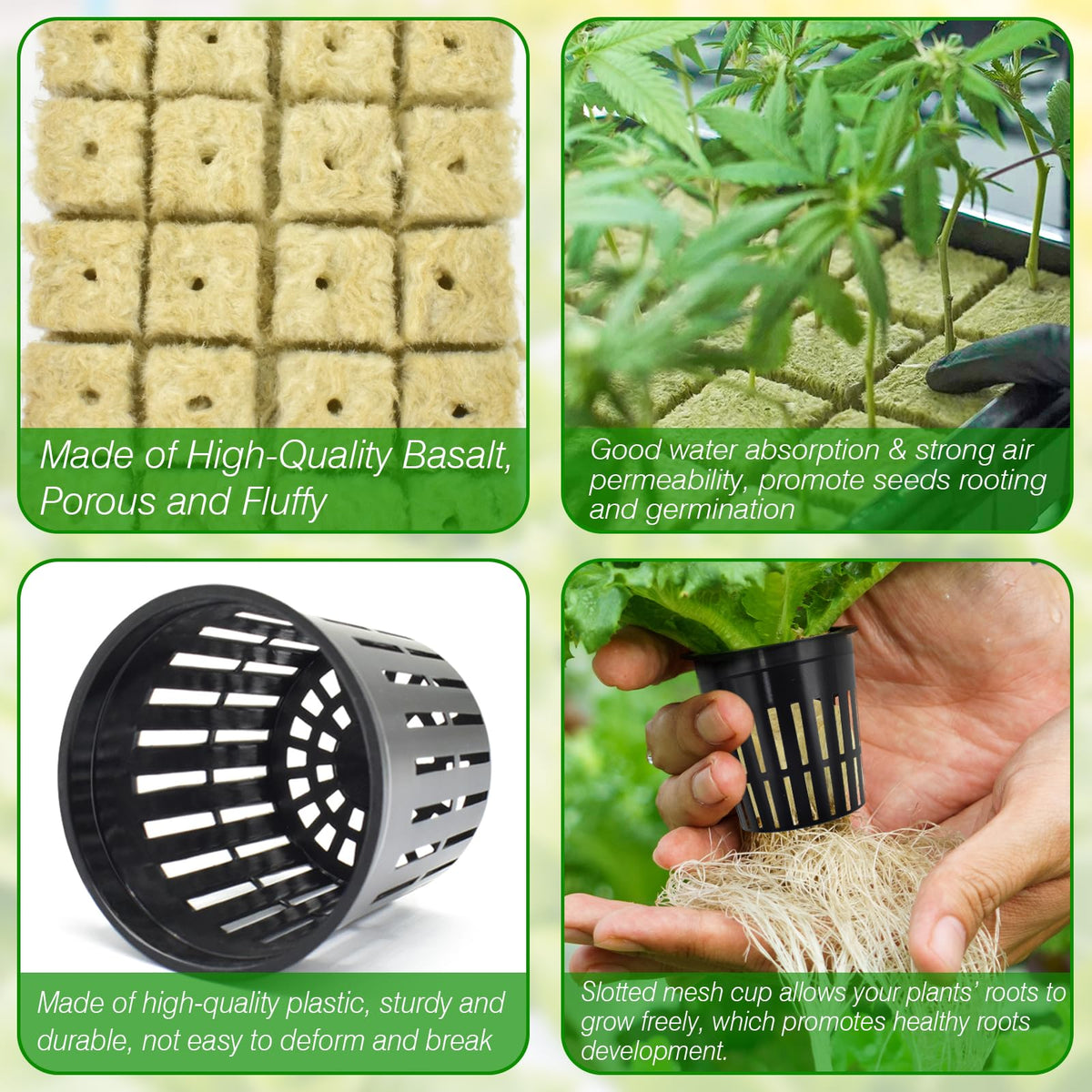 Halatool 72PCS 1.2 Inch Rockwool Cubes with 56PCS 2 Inch Net Cups for Hydroponics Great Kratky Hydroponics Kit for Soilless Cultivation Cloning Plants Growing Seeds