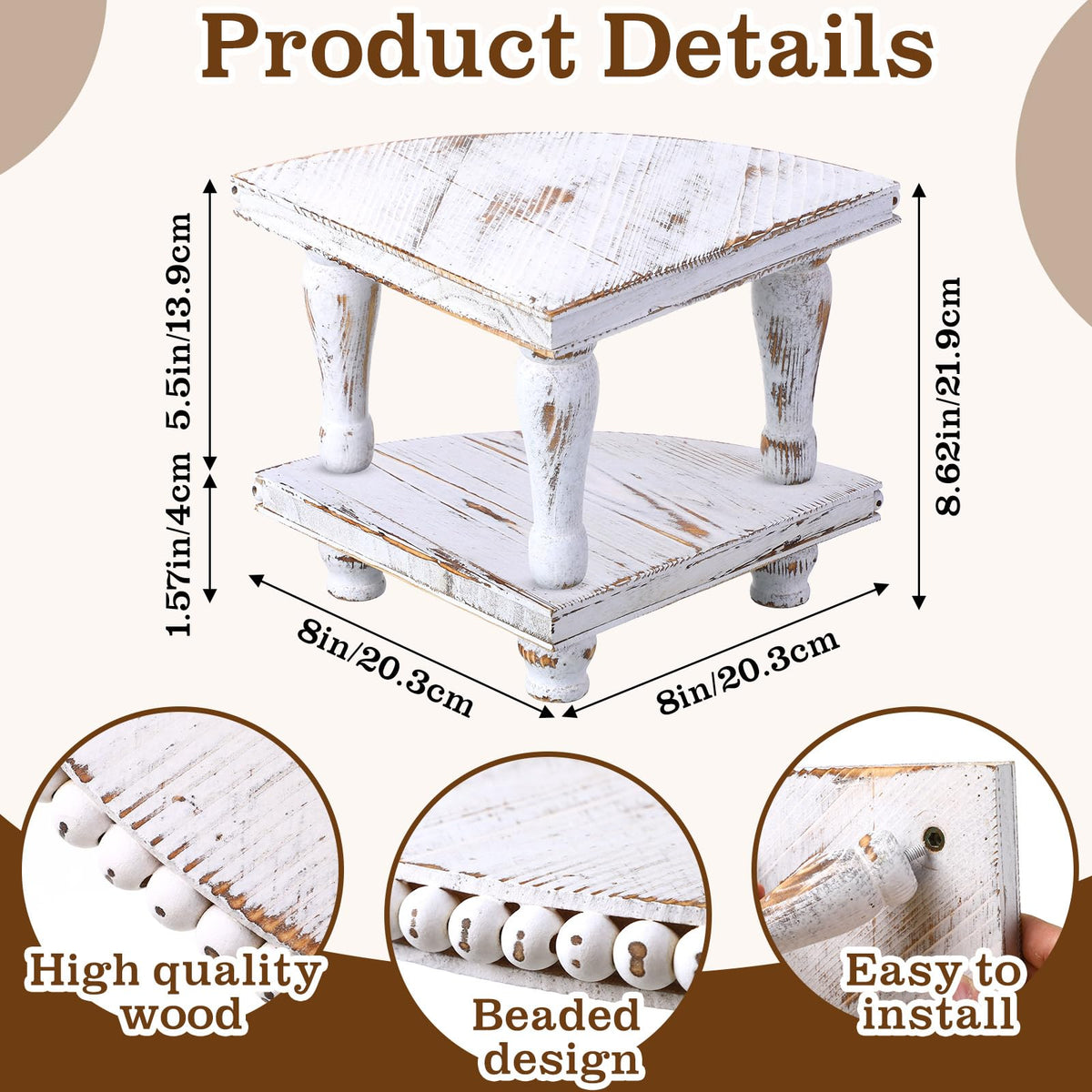 Kigley 2 Tiered Corner Riser for Kitchen Counter Wood Beaded Corner Shelf White Wash Countertop Bathroom Counter Organizer Rustic Decorative Pedestal Stand with Removable Feet for Kitchen Coffee Bar