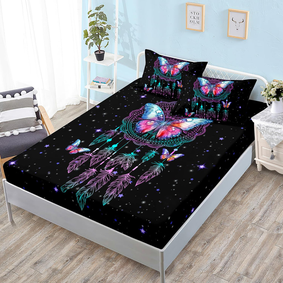 HOSIMA Dream Catcher Fitted Sheets Full Size Bed,Butterfly Feather Dream Stories Bedding Set Kidcore Room Decor Aesthetic Black Galaxy Starry Boho Bedding Set with 2 Pillowcases.