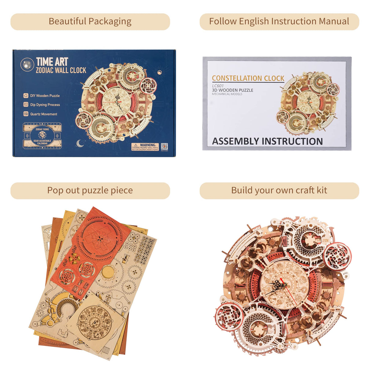 ROBOTIME 3D Wooden Puzzles for Adults, Models for Adults to Build Wooden Steampunk Clock Kit, DIY Mechanical Wall Quartz Aesthetic Room Decor Unique Gift