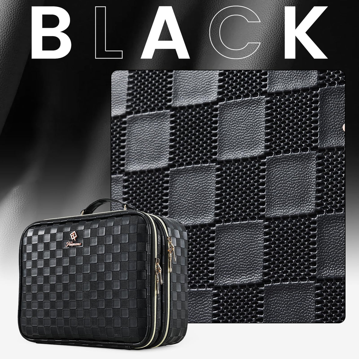 Makeup Bag with LED Lighted Mirror 12.2 IN Cosmetic Train Case Double Layer Makeup Case Adjustable Brightness in 3 Colors Cosmetic Organizer Artist Storage with Brush Holder Vanity Black Checkerboard