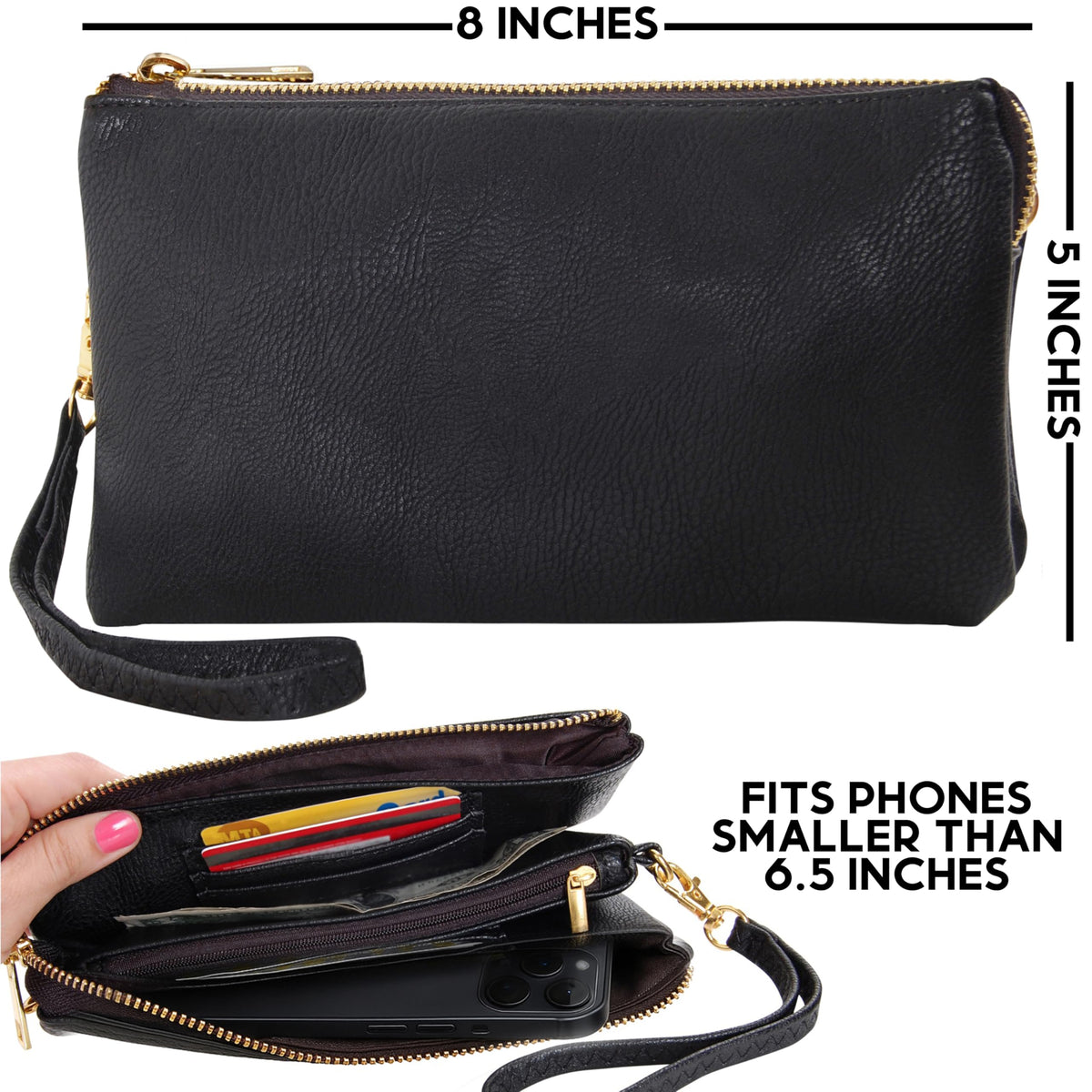 Humble Chic NY Black Wristlet Purses for Women - Small Black Crossbody Purse, Vegan Leather Wristlet Wallets for Women, Small Phone Wallets, Dressy Evening Handbags, Vegan Leather Crossbody Bag