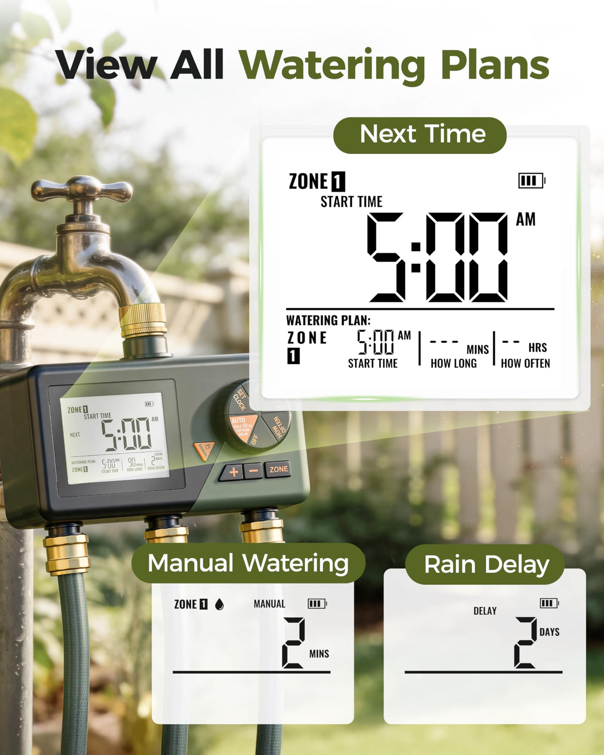 Diivoo Brass 3 Zone Sprinkler Timer, Programmable Hose Timers for Watering 3 Outlet with Large Display, Rain Delay & Manual Mode for Outdoor Automatic Irrigation of Garden, Lawn, Yard
