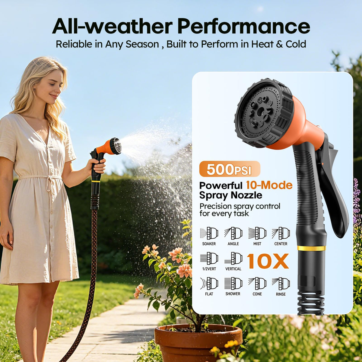 Garden Hose, 3/4" Flexible Water Hose Ultra Lightweight, Non-Expandable with 10 Function Nozzle, Kink-Free, Leak-Proof, 360° Swivel, Abrasion Resistant & Easy to Store for Yard Lawn, Outdoor (100ft)