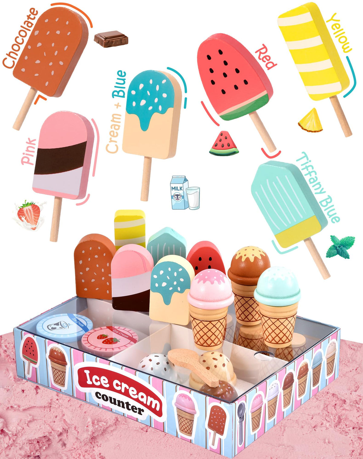 Wooden Ice Cream Toys Kids Kitchen Play Store for Toddlers Girls, Play Kitchen Accessories with Scoop & Menu & Fake Money, Wooden Toys for 3 4 5 Year Old Girls Boys Birthday