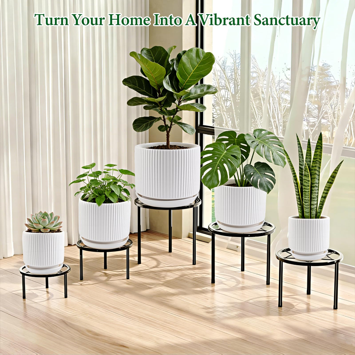 Ceramic-Flower-Pots-Sets-with-Saucer, 5/6/8 inch Small Planters for Indoor Plants with Drainage Hole, White Vertical Stripe Plant Pots for Home Decor, Outdoor Garden Pot For Succulent Cactus Herb
