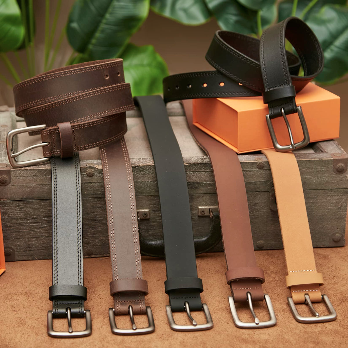 VATAN Men's Full Grain Leather Casual Every Day Jeans Belts, Handmade Men Leather Belt with Gift Box