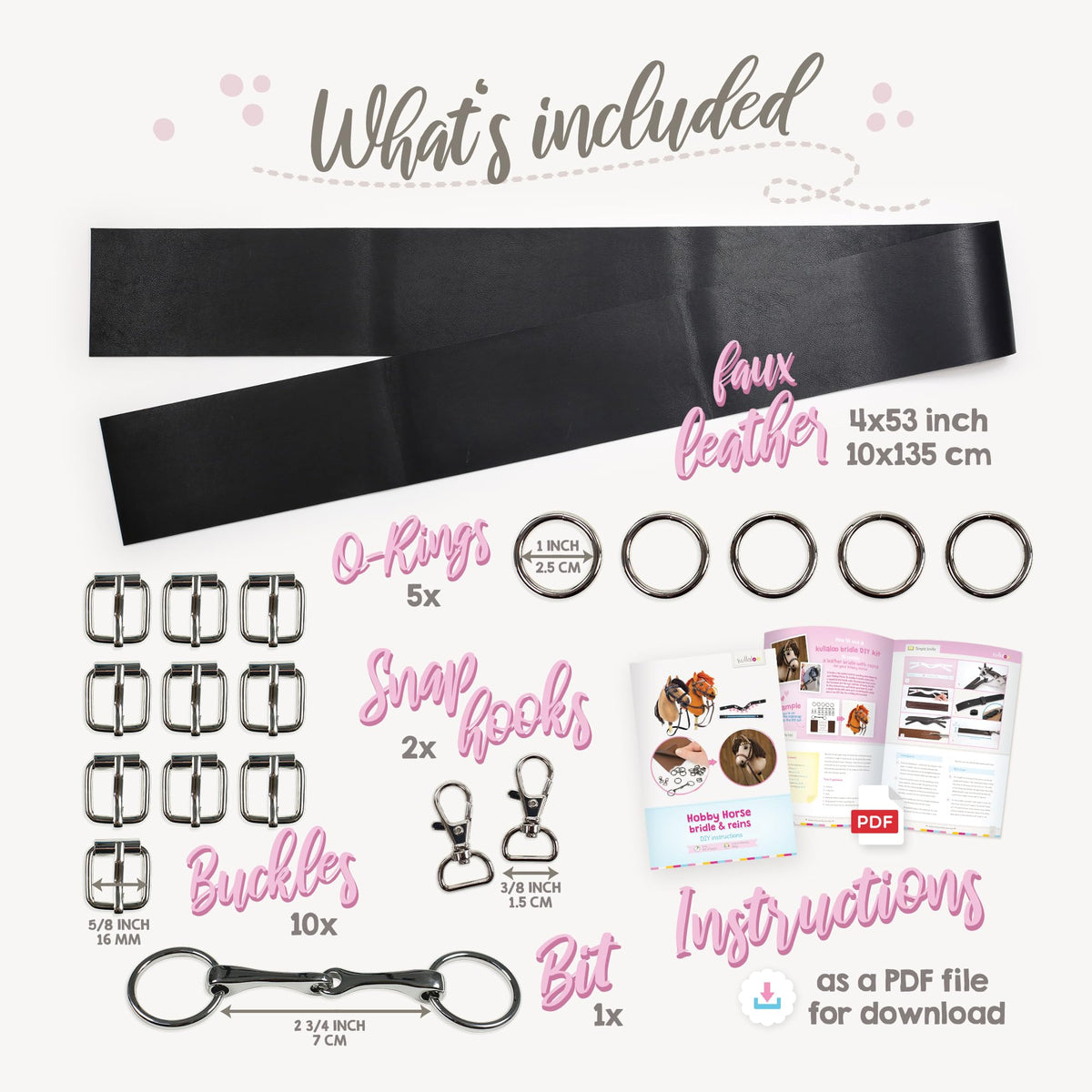 kullaloo DIY Hobby Horse Bridle Kit ✦ Make a Beautiful Leather Bridle with Reins for Your Stick Horse ✦ Includes Digital Instructions (PDF) ✦ Black/Silver