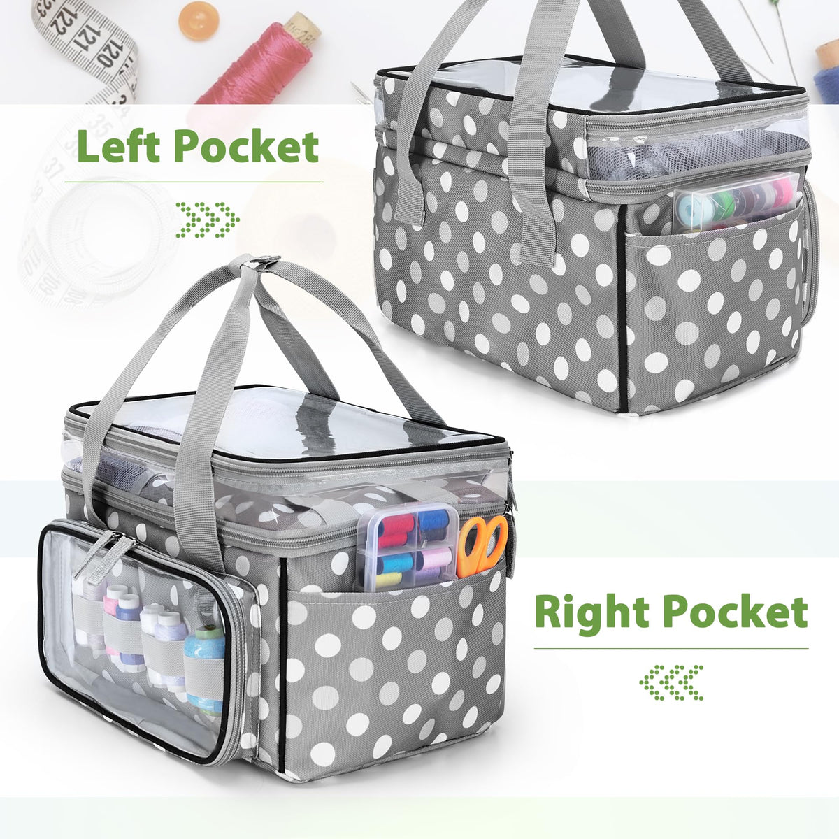 LUXJA Double-Layer Sewing Storage Organizer with Transparent Compartment, Large Sewing Organizer Bag with Detachable Divider for Sewing Supplies (Bag Only), Polka Dots