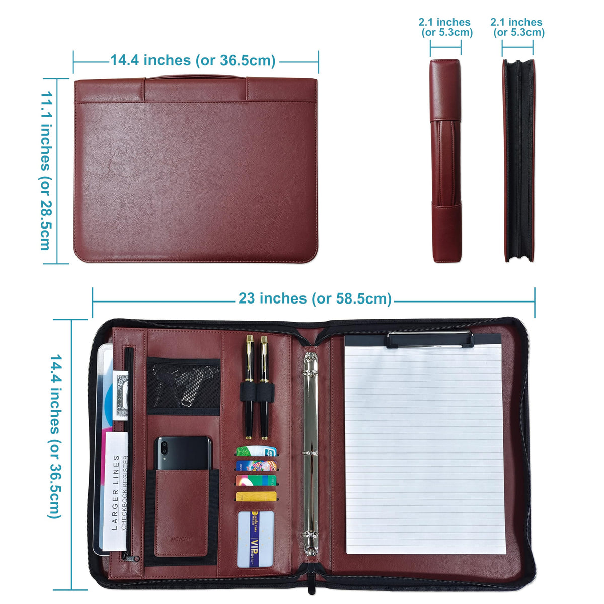 WEYEAH Faux Leather 3 Ring Portfolio Binder With Handle, Business Padfolio for Men & Women, Zippered Document Organizer for Home & Office Use, Including Clipboard, Notepad and Sheet Protectors (Brown)
