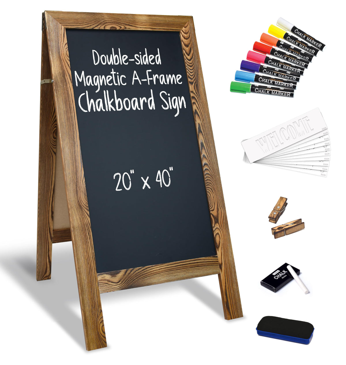 Better Office Products Magnetic A-Frame Chalkboard Sign, Extra Large 20" x 40", Standing Chalkboard Easel, Deluxe Set with Multiple Accessories, Outdoor Sidewalk Sandwich Board Sign,(Rustic Brown)