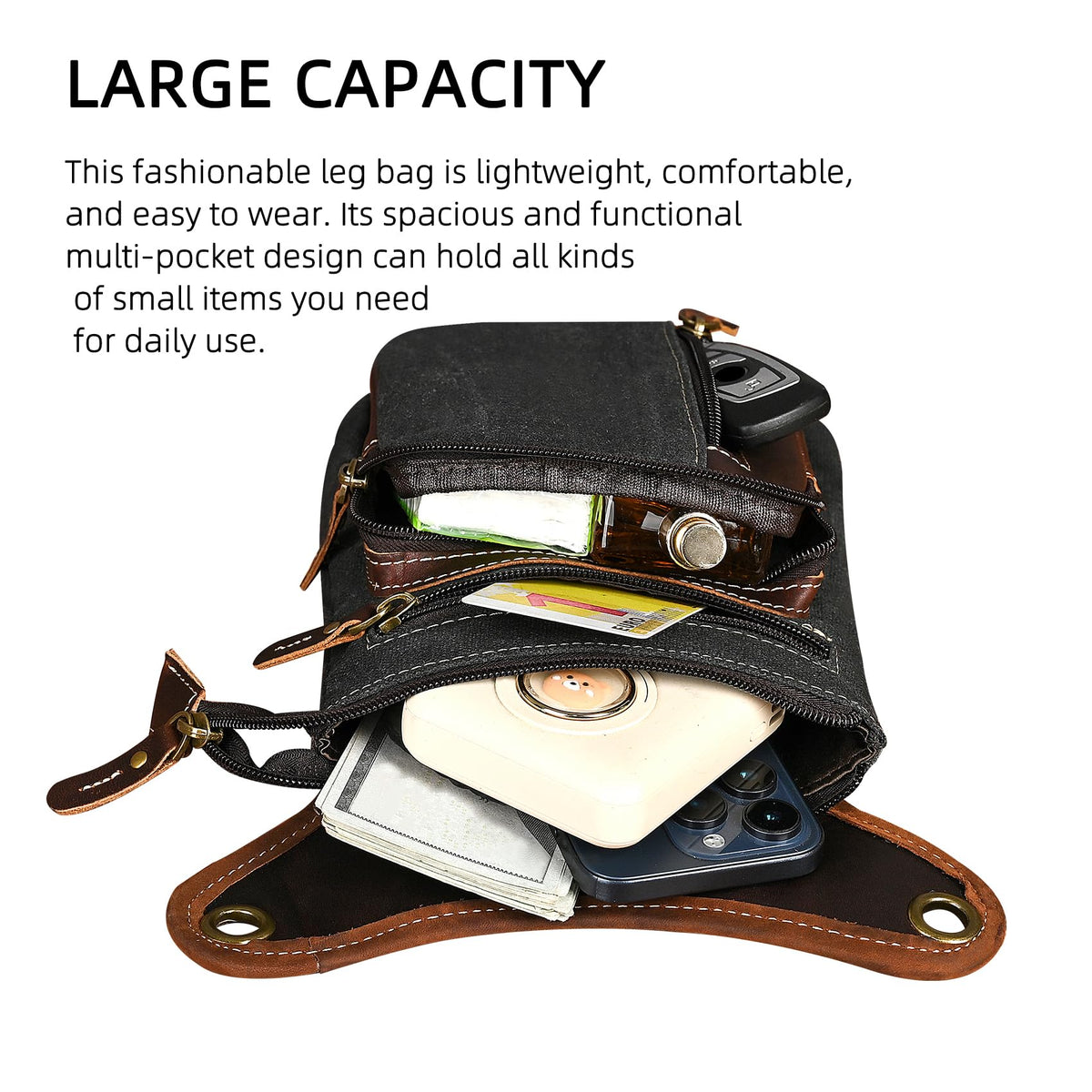 Handadsume Water Resistant Canvas + Leather Motorcycle Fanny Waist Pack One Shoulder Drop Leg Thigh Bag For Men Women FB211-6 (Z-211-11-Black)