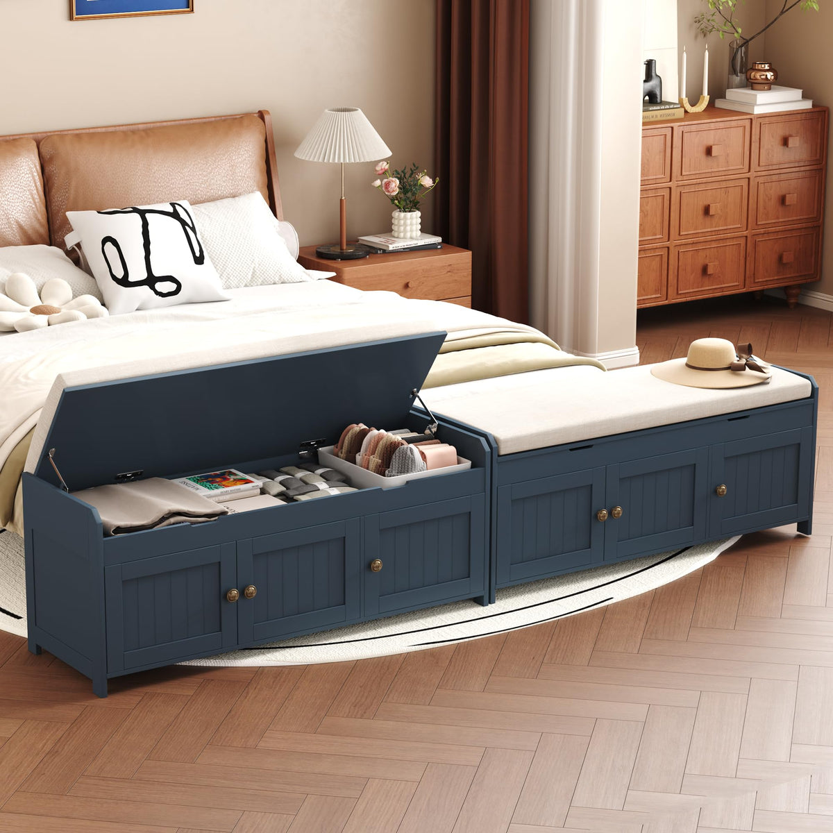 HOMEFORT 41.3" Shoe Bench with Lift Top Storage, Entryway Bench with Cushioned Seat, Wooden End of Bed Bench, Shoe Cabinet Bench with Hidden Storage Space, for Bedroom, Hallway,Blue