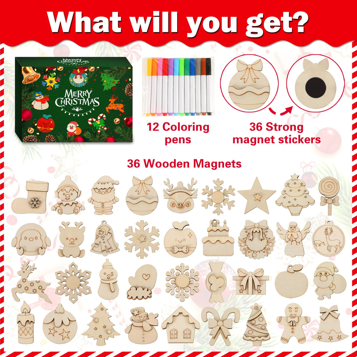 Worgree Christmas Crafts for Kids, 36pcs DIY Wooden Magnets Art Craft Supplies Painting Kit for Boys Girls Ages 4-8 8-12 Xmas Stocking Stuffers Toys Party Favors Gifts Goodie Bag Fillers Holiday Decor