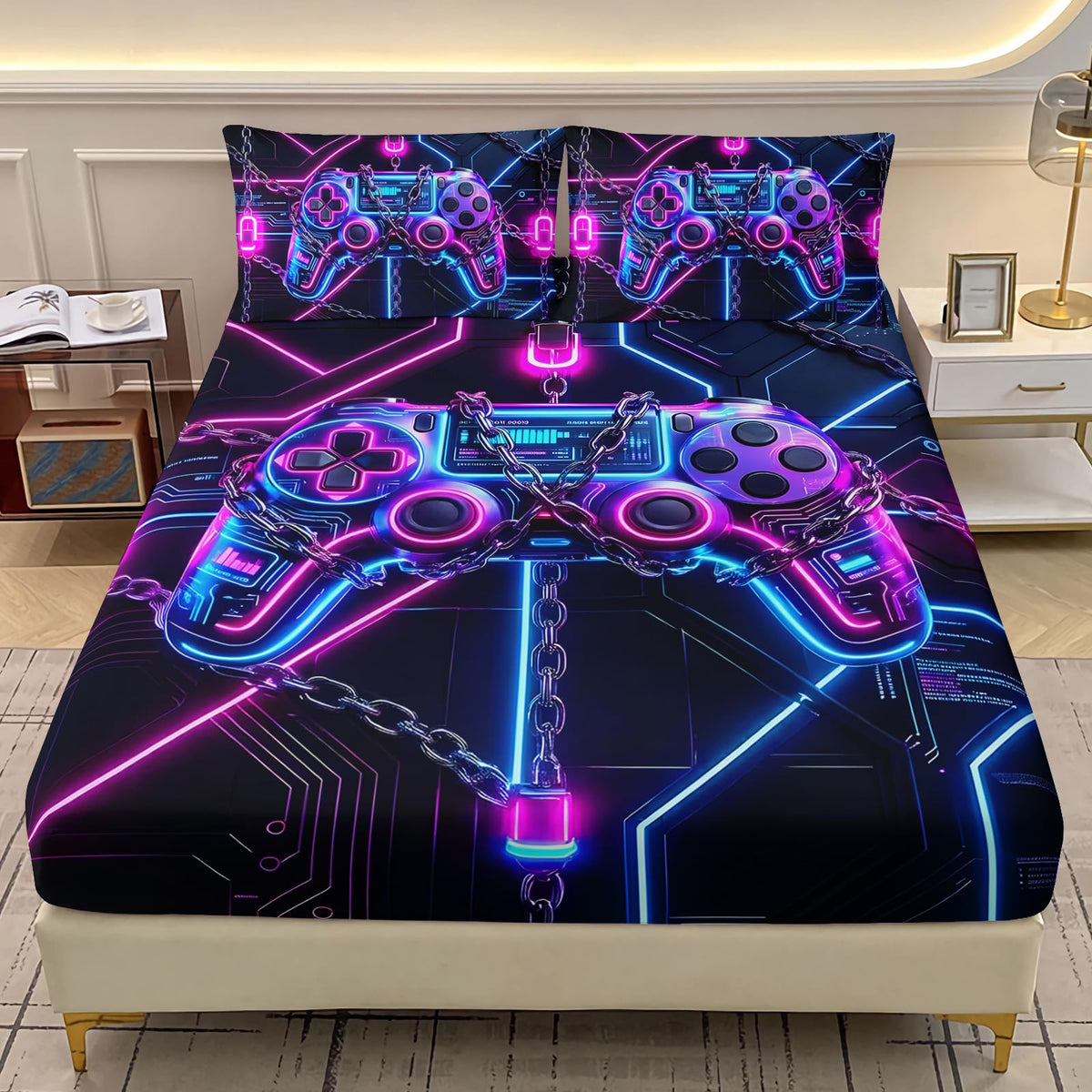AILONEN Gaming Fitted Sheet Set Full - Neon Controller Print Microfiber Sheet - Modern Gamer Bedding for Boys Girls & Decor - 2 Pillowcases