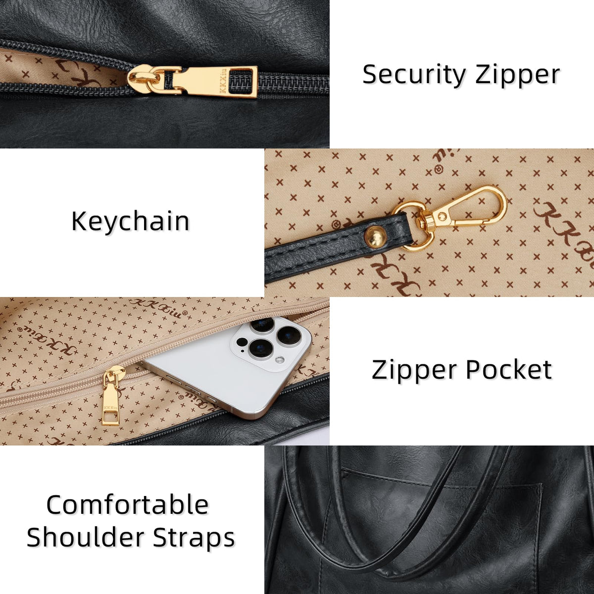 KKXIU Large Tote Bag for Women with Zipper Work Travel Purse and Handbags - Black