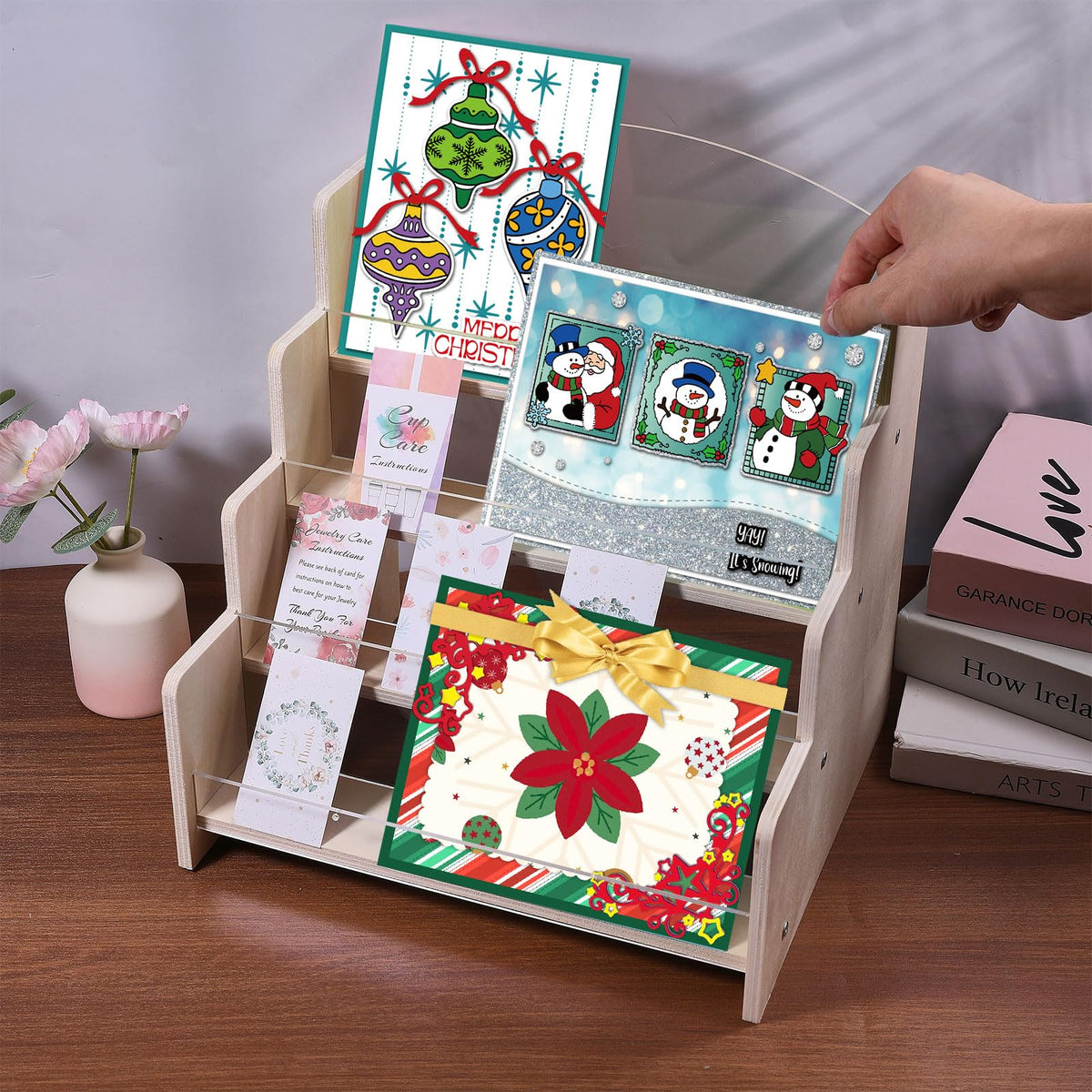 GLOBLELAND 4-Tier Wooden Greeting Card Display Stand Portable Card Display Rack Card Organizer Rack for Vendors Postcards Brochure Photos Sticker Retail Stickers Bookmark 10.2x11.6x11.6 inch