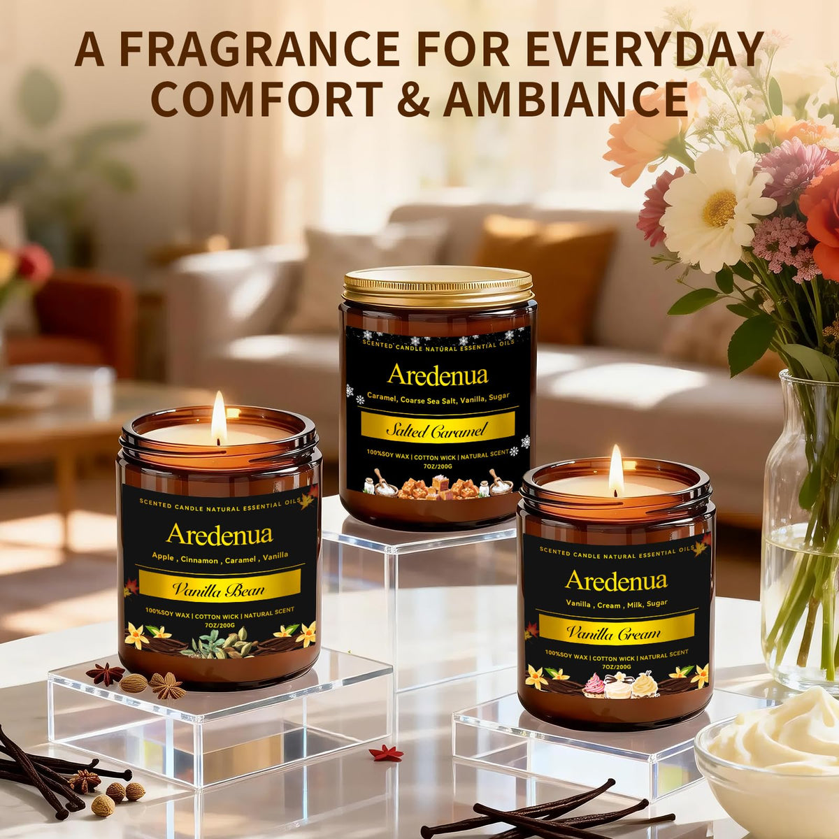 Vanilla Bean Odor Eliminating Candles | Scented Soy Candle for Home, Air Freshening & Cozy Scent, Relaxing Home Candle Gift for Women & Men