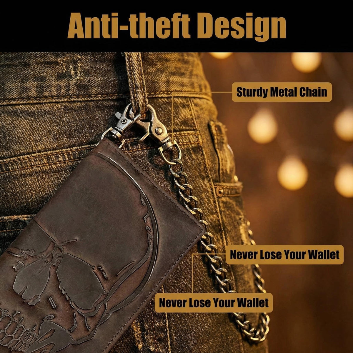 Paomadeng Skull Long Bifold Wallet for Men Full Grain Cowhide Genuine Leather Biker Wallet with Chain, RFID-Blocking, Brown