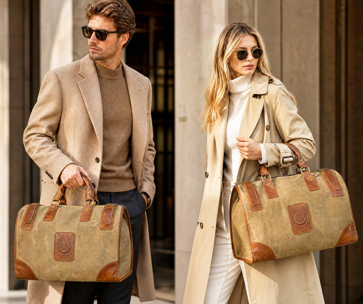 Handadsume Water Resistant Canvas + Leather Travel Luggage Tote Duffle Gym Suitcase Weekender Overnight Bag For Men Male FB8151 (A-Brown)