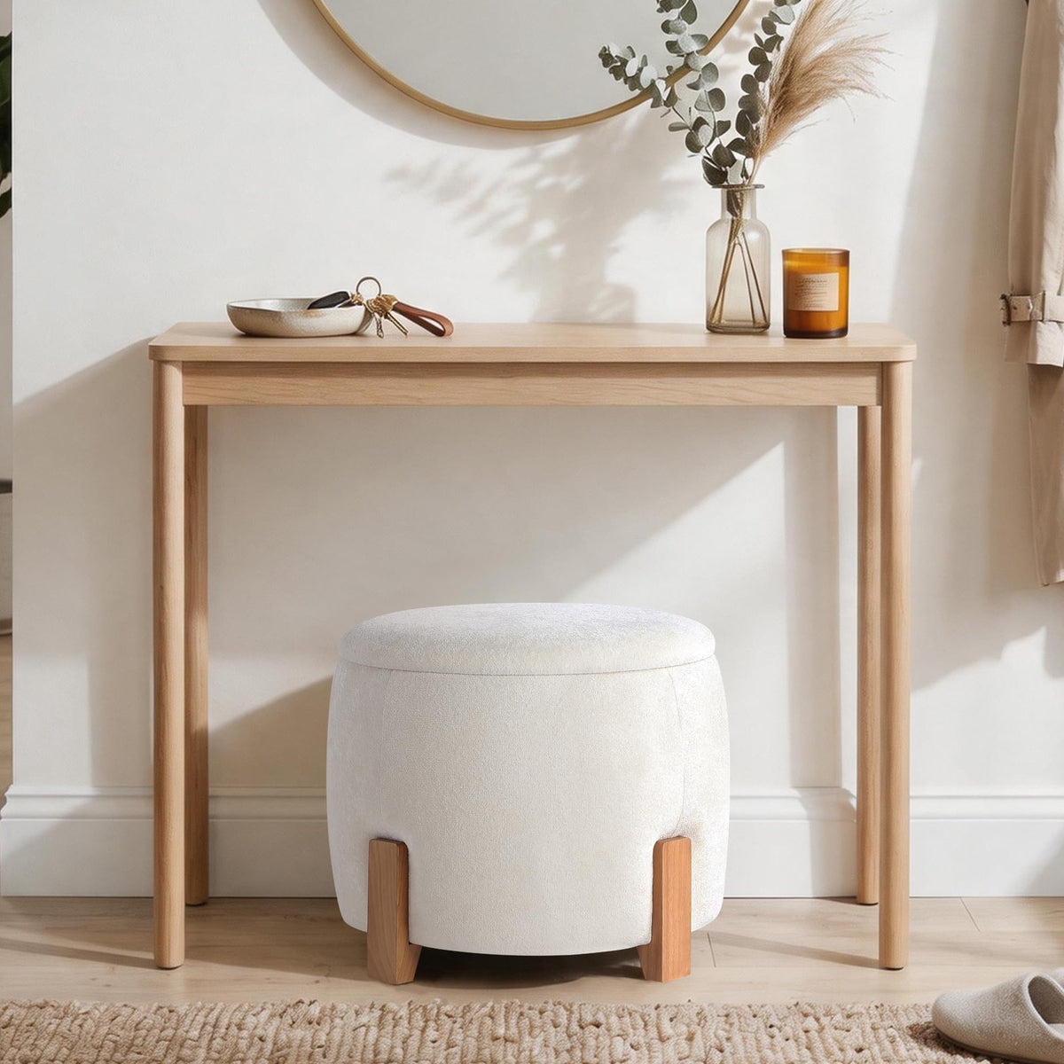 Get Set Style 22 inch Round Ottoman with Wooden Legs, Storage Vanity Stool for Makeup, Upholstered Footrest Stool,Coffee Table for Living Room, Bedroom
