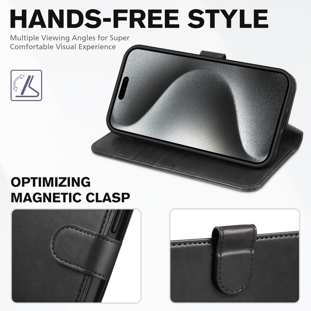 TUCCH Case Wallet for iPhone 15 Pro Max, RFID Blocking 4 Card Holder Kickstand Shockproof TPU Inner Case, PU Leather Magnetic Flip Folio Cover, Black