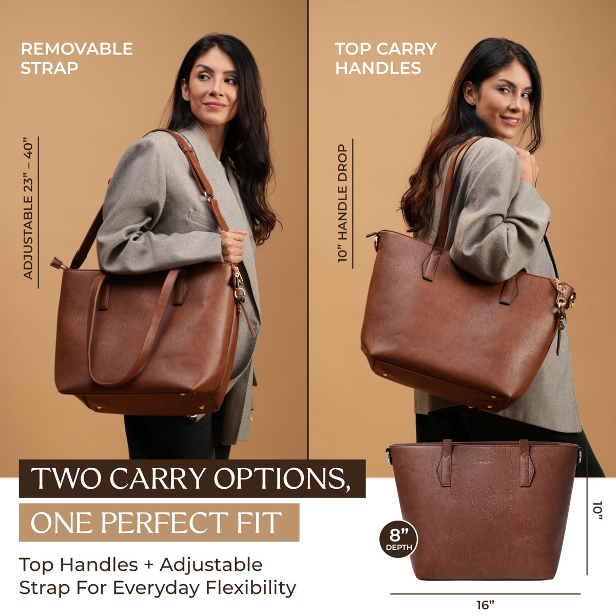 Women’s 16” Laptop Tote Bag, Dark Brown Vegan Leather Work Bag with Cupholder, RFID & Anti-Pickpocket Trolley Sleeve (Dark Brown)
