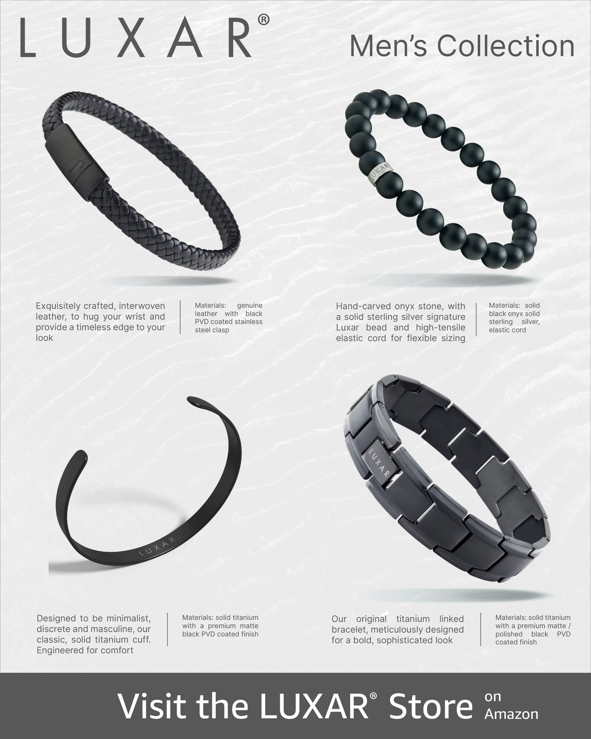 LUXAR Men’s Black Onyx Stone Bead Bracelets | Matte Black 8mm Stone | Minimalist, Designer Jewelry for Men (925 Silver, Small)