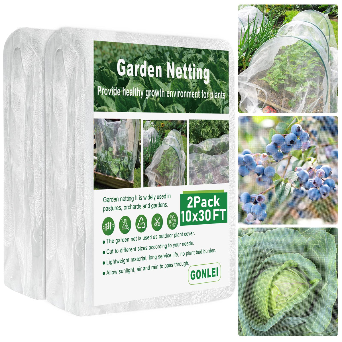 GonLei Garden Netting 2Pack 10X30FTPlants Garden Mesh Berry Netting Outdoor Mosquito Net,Garden Bed Fruit Tree Blueberry Shrubs Netting Plant Covers Row Vegetables Protection Barrier Net